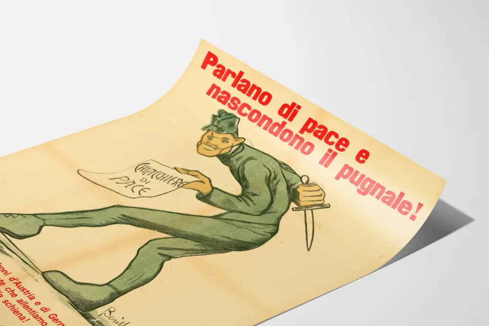 italialainen historiallinen juliste 'Puhutaan rauhasta ja piilotetaan veitsi'