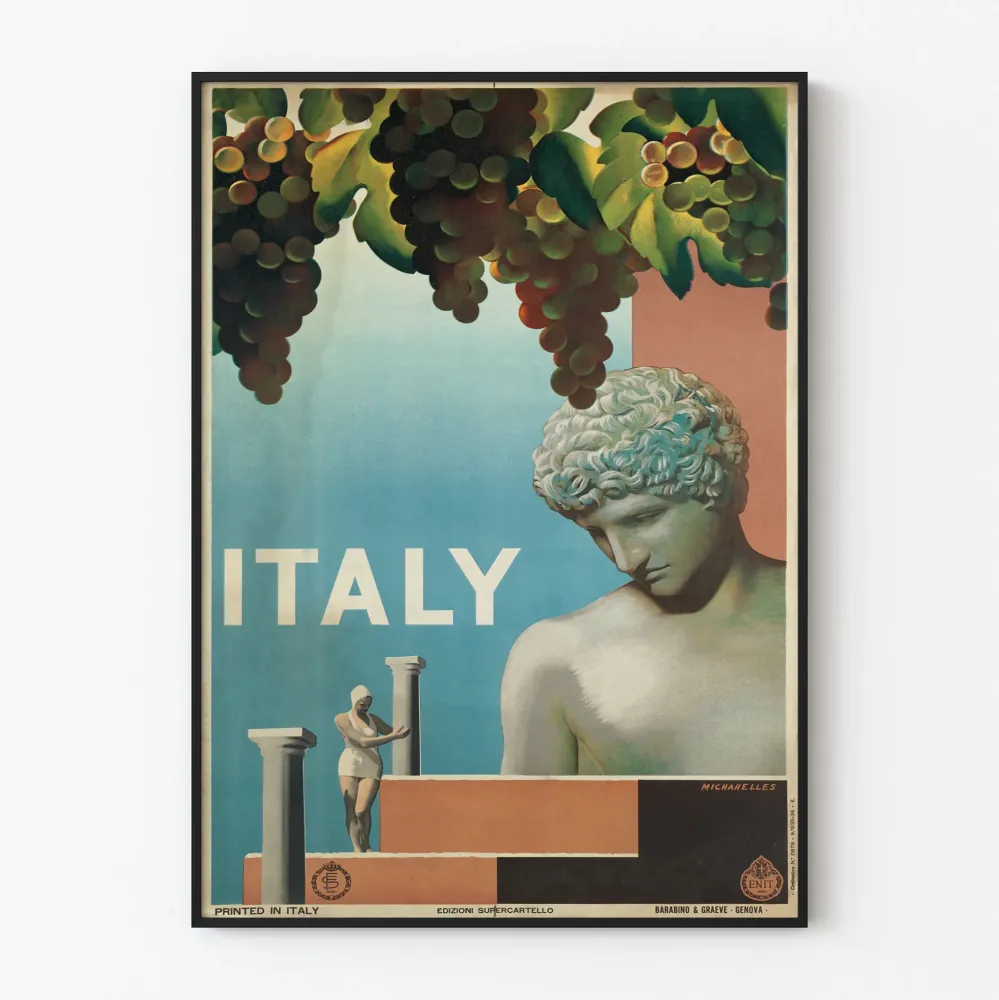 Italialainen vintagejuliste klassikkorakennelmalla ja viinirypäleillä