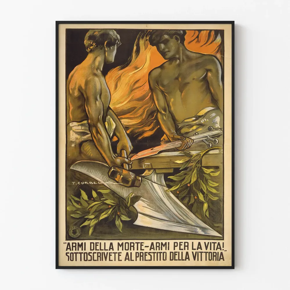 Italialainen vintage-propagandajuliste kahdesta sepästä ja liekeistä