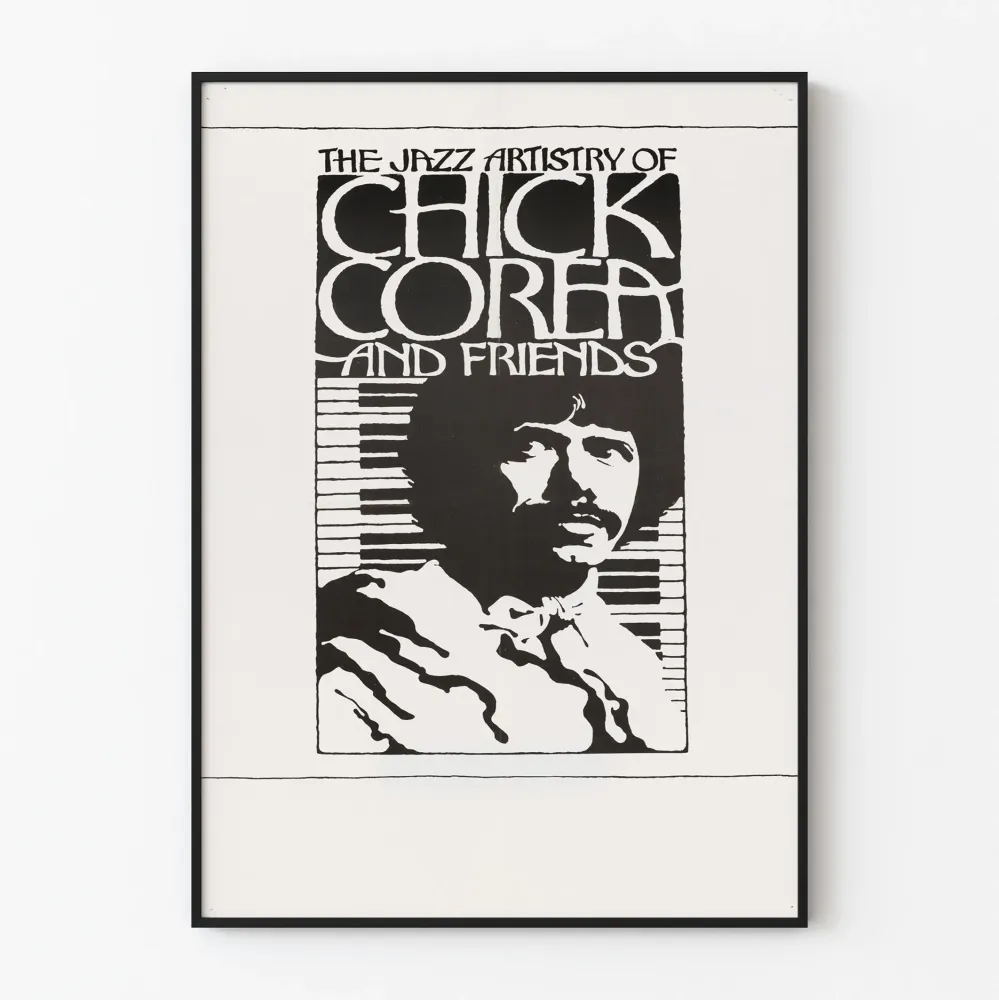 Jazz Chick Corea ja ystävät -juliste mustavalkoinen