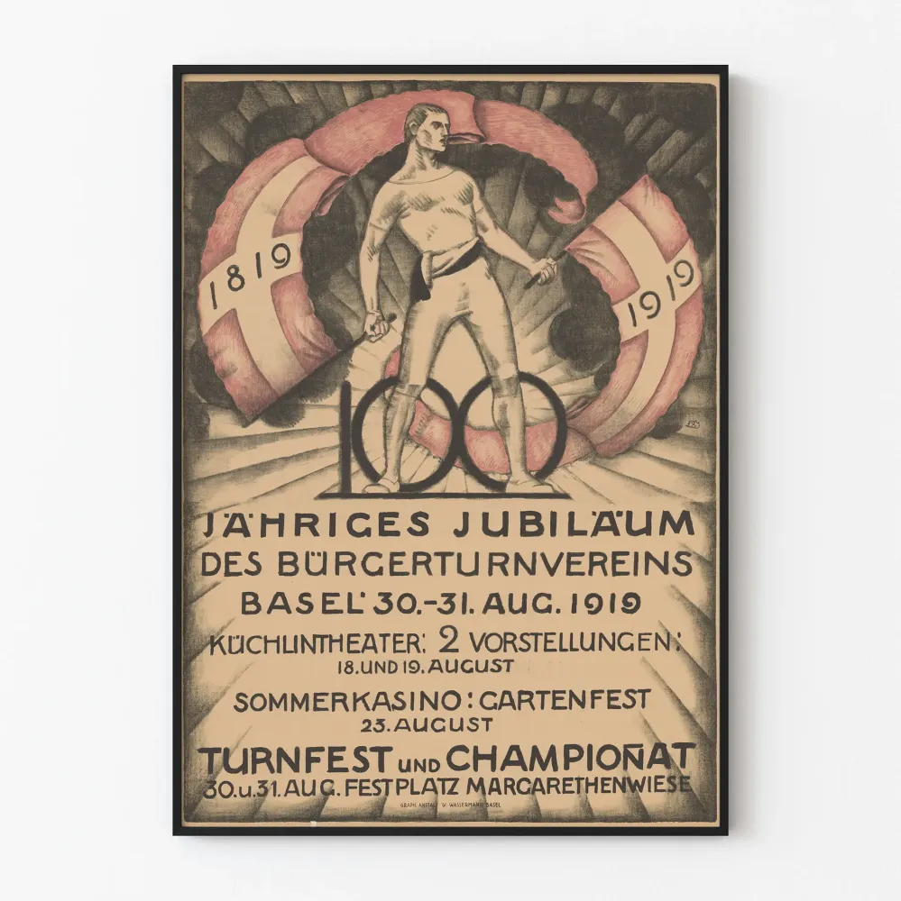 Juhlaposteri 100 vuotta Burgerturnverein Basel 1919 seinäkoriste vintage