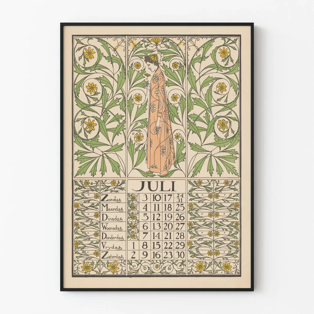 Juliste Art Nouveau kalenteri heinäkuu 1898 seinäkoriste kukkainen