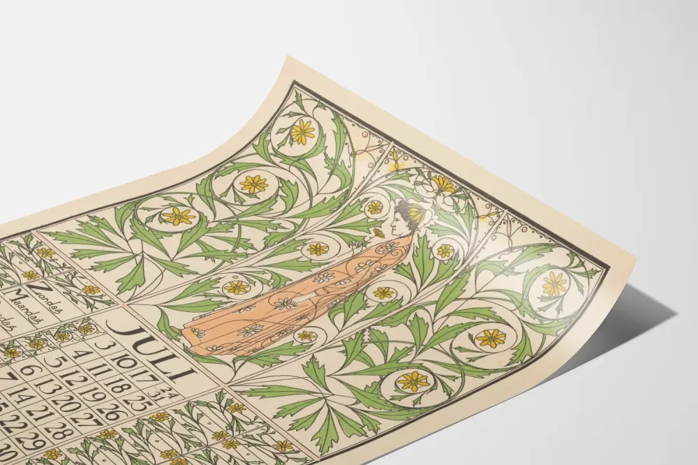 Juliste Art Nouveau kalenteri heinäkuu 1898 seinäkoriste kukkainen