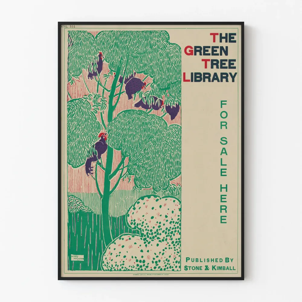 Juliste Green Tree Library - Luonnos ja Kanat, vintage-seinäkoristelu