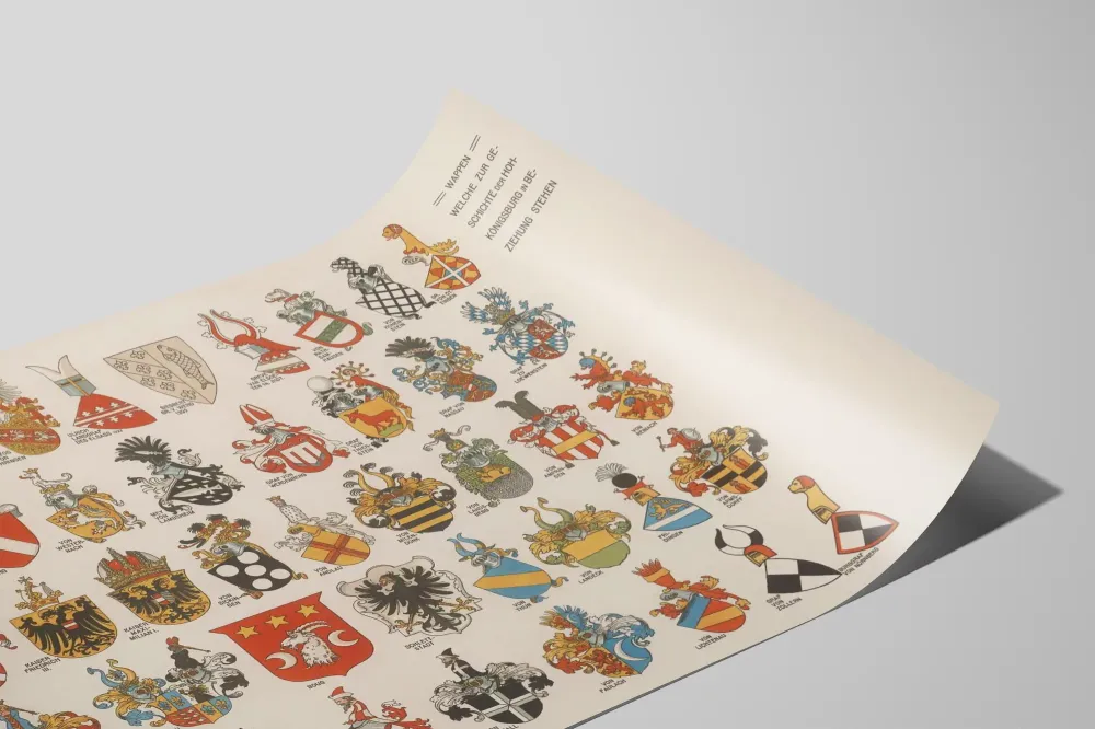 Juliste Hohkönigsburgin historiallisten vaakunoiden heraldiikasta Elsassissa