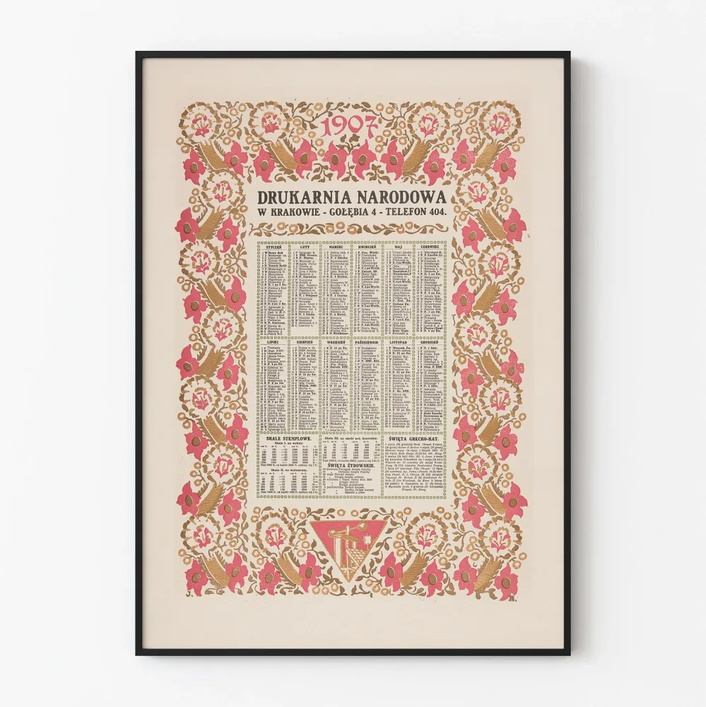 Juliste Kalenteri 1907-tyyli Vintage kukkakoristeella