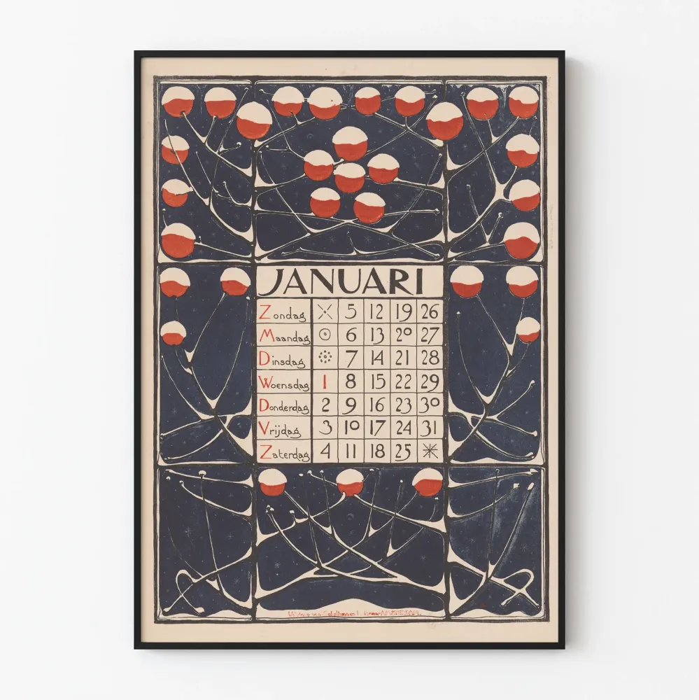 Juliste kalenteri tammikuu 1896 vintage-botaaninen tyyli