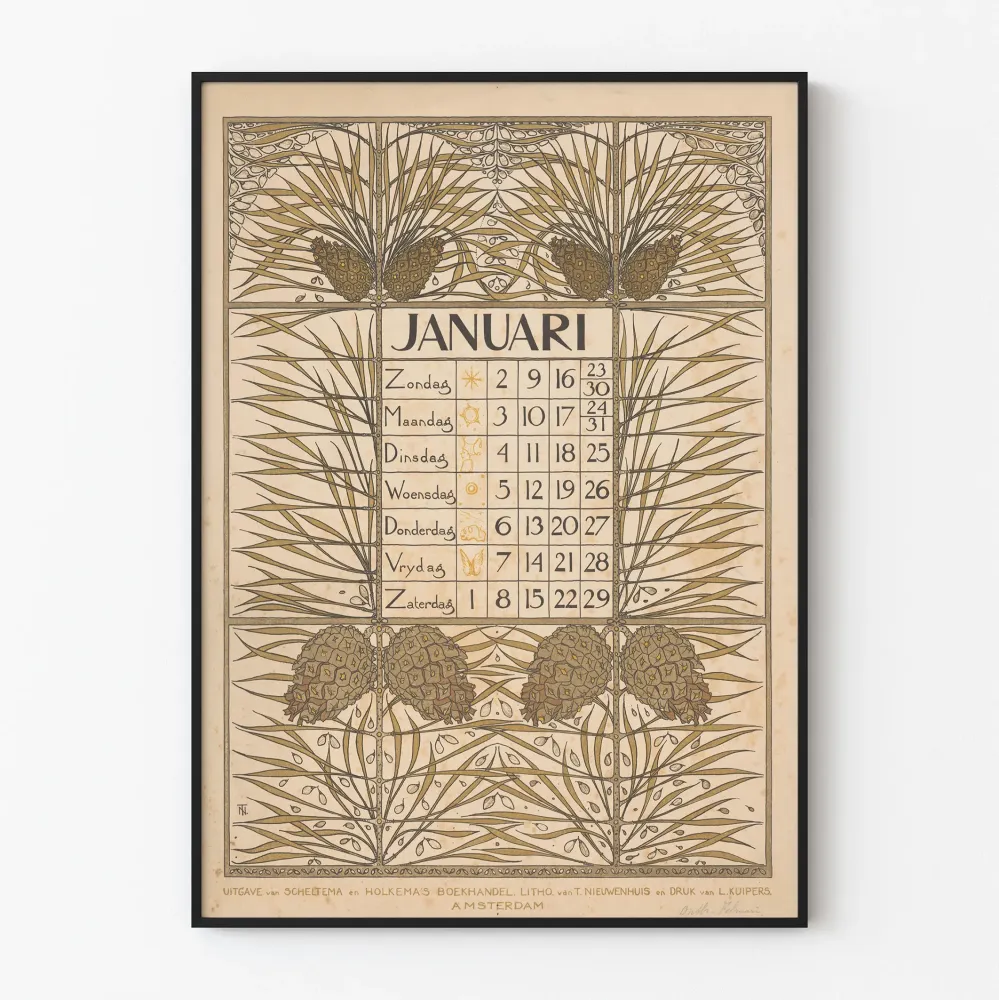 Juliste Kalenteri tammikuu vintage 1898 kukkakuviolla Art Nouveau