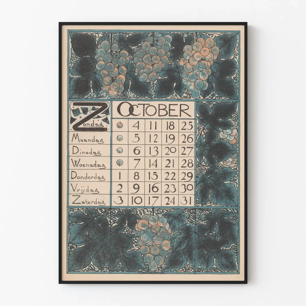 Juliste Kalenteri Vintage lokakuu 1896 Art Nouveau -tyyli