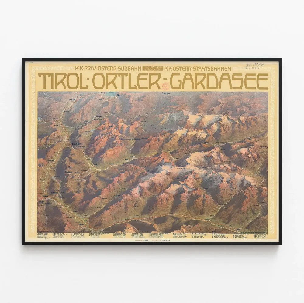 Juliste Kartta Vintage Tirol Ortler Garda - Seinän koristelu vuoristo