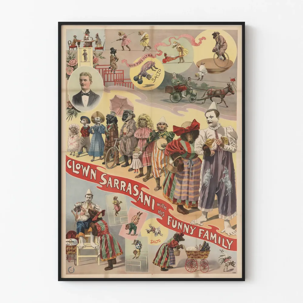 Juliste Klovni Sarrasani ja hänen hauska perheensä - Vintage sirkusseinäkollaite