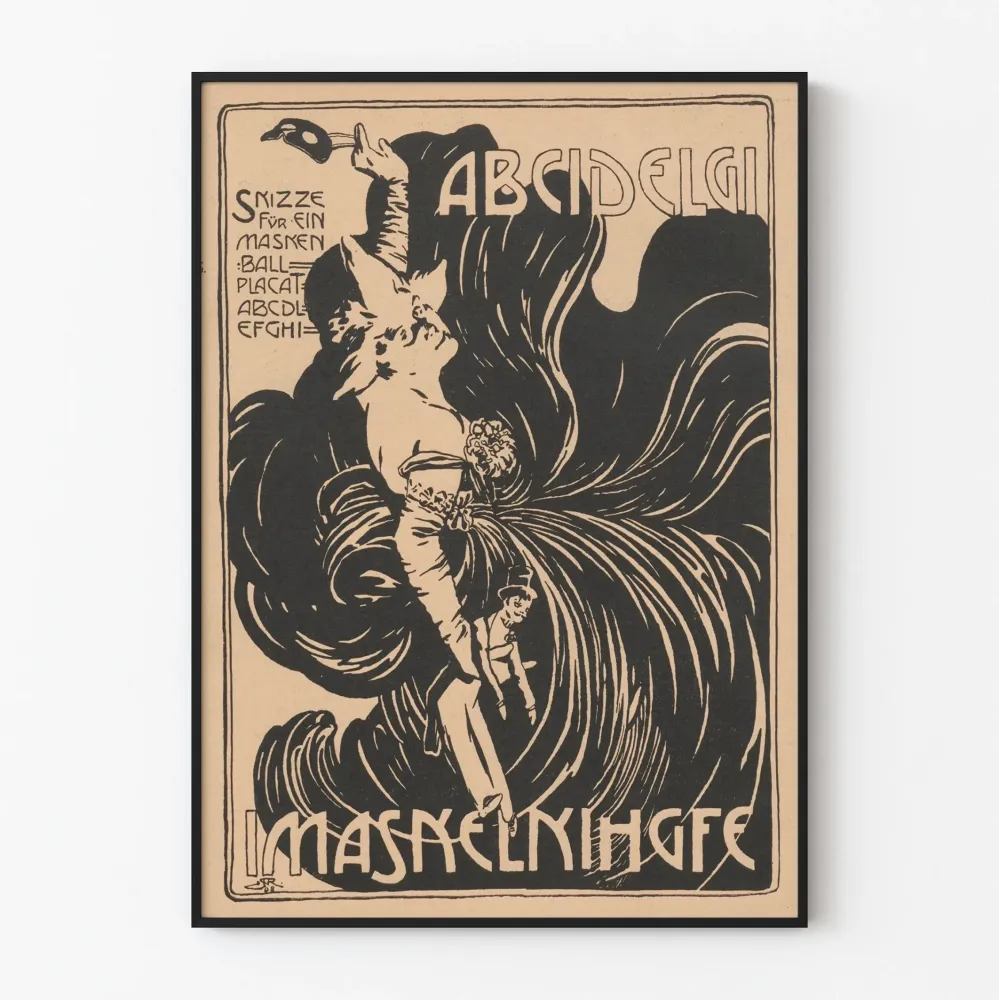 Juliste luonnos Art Nouveau -tyylinen mustavalkoinen ja beige seinäkoristeeseen