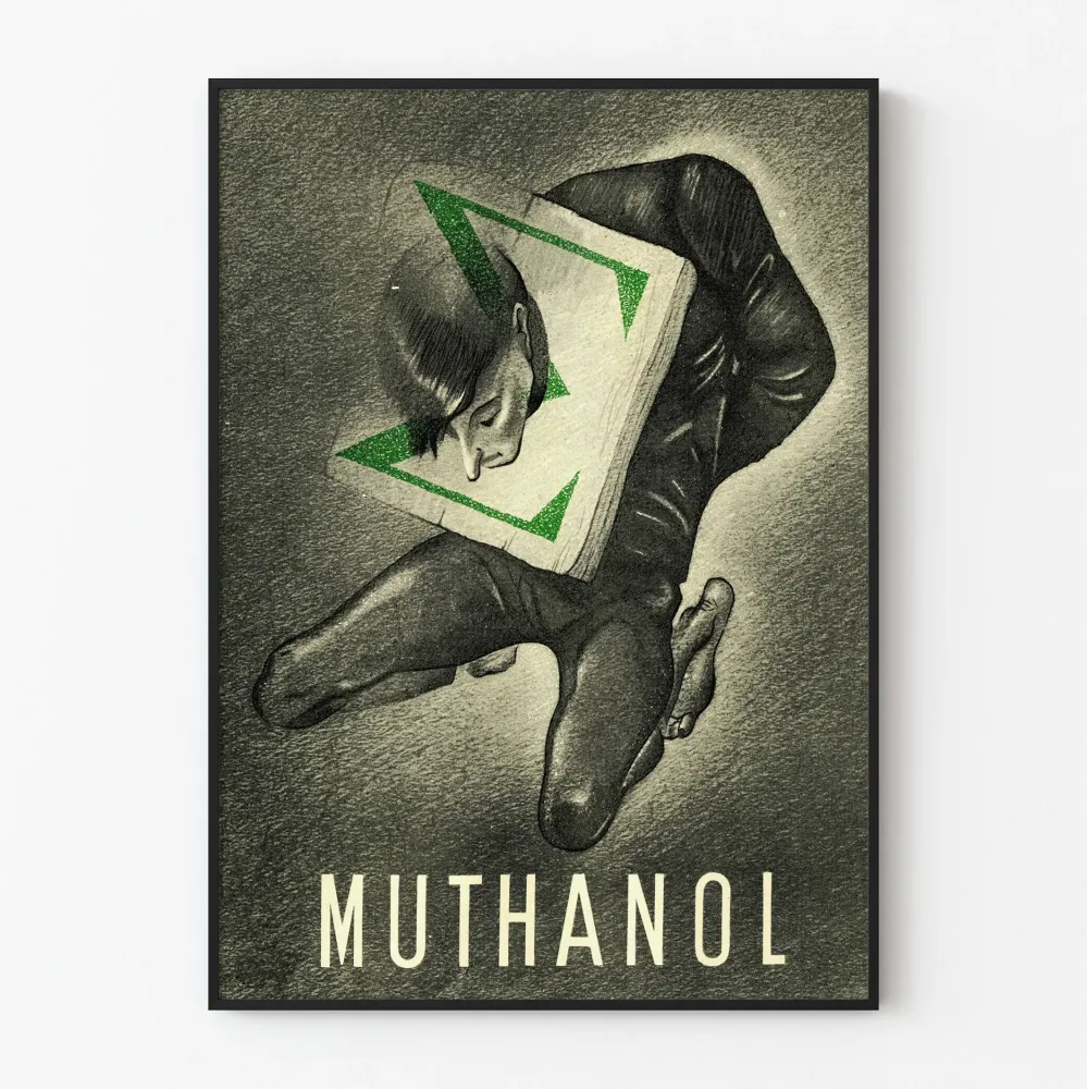 Juliste Muthanol - surrealistinen vintage-kuvitus mustavalkoisena ja vihreänä
