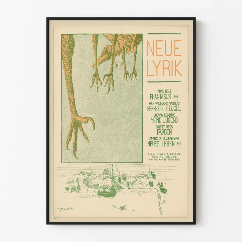 Juliste Neue Lyrik Berlin - Kuvitus Linnut ja Kaupunkinäkymä Vintage