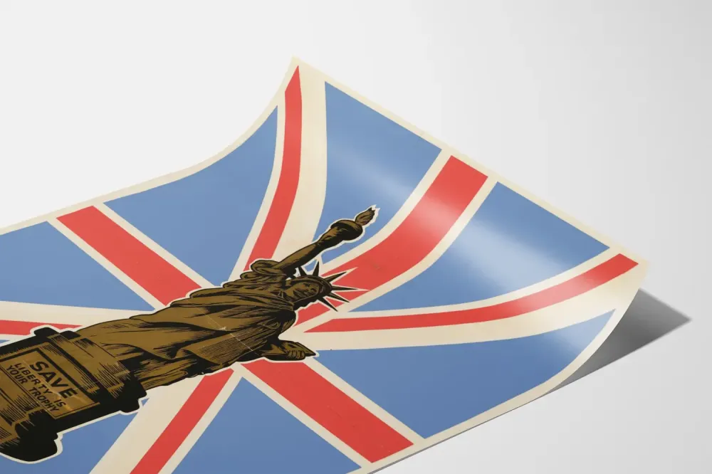 Juliste sisustukseen Save Liberty on palkintosi, jossa on Vapaudenpatsas ja Britannian lippu