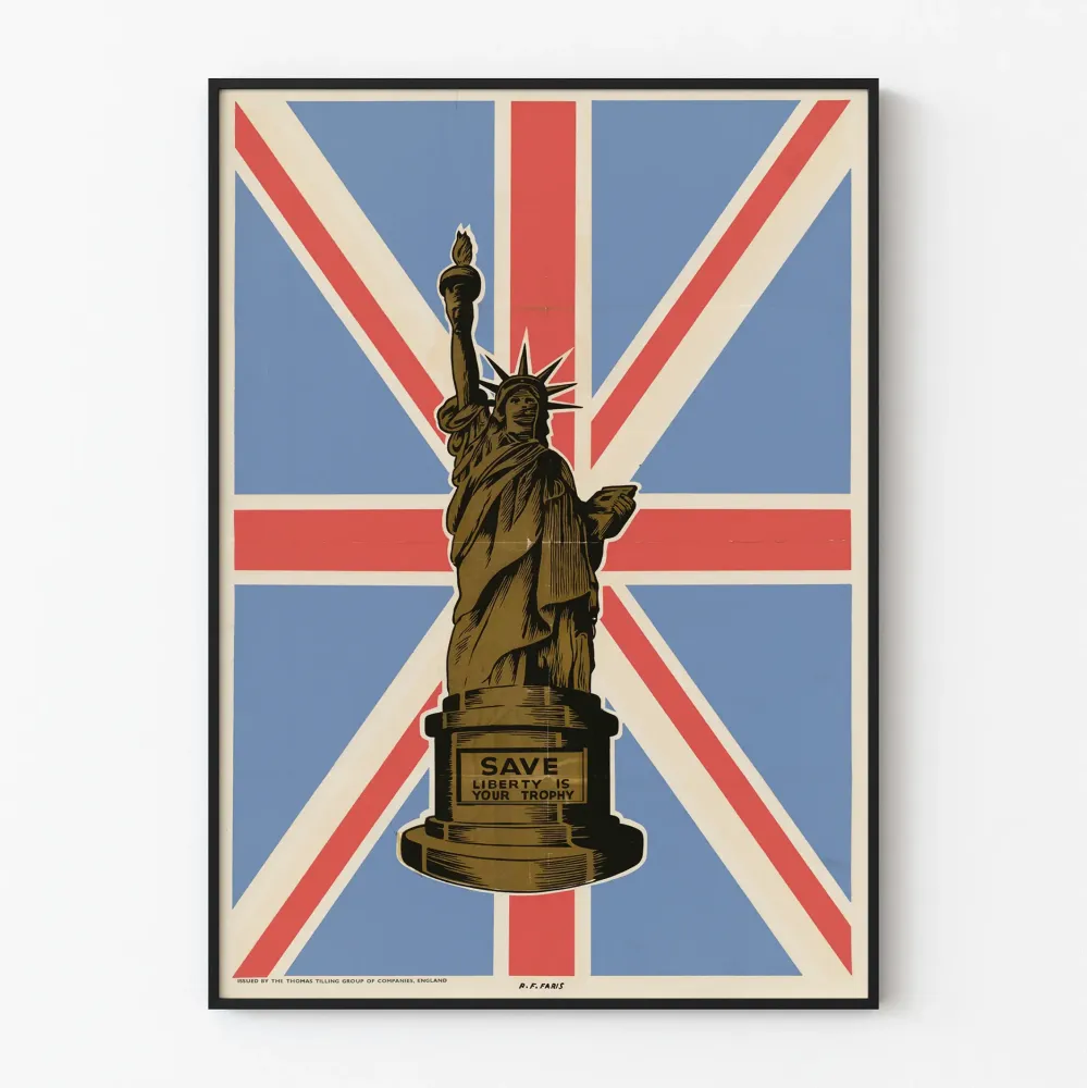 Juliste sisustukseen Save Liberty on palkintosi, jossa on Vapaudenpatsas ja Britannian lippu