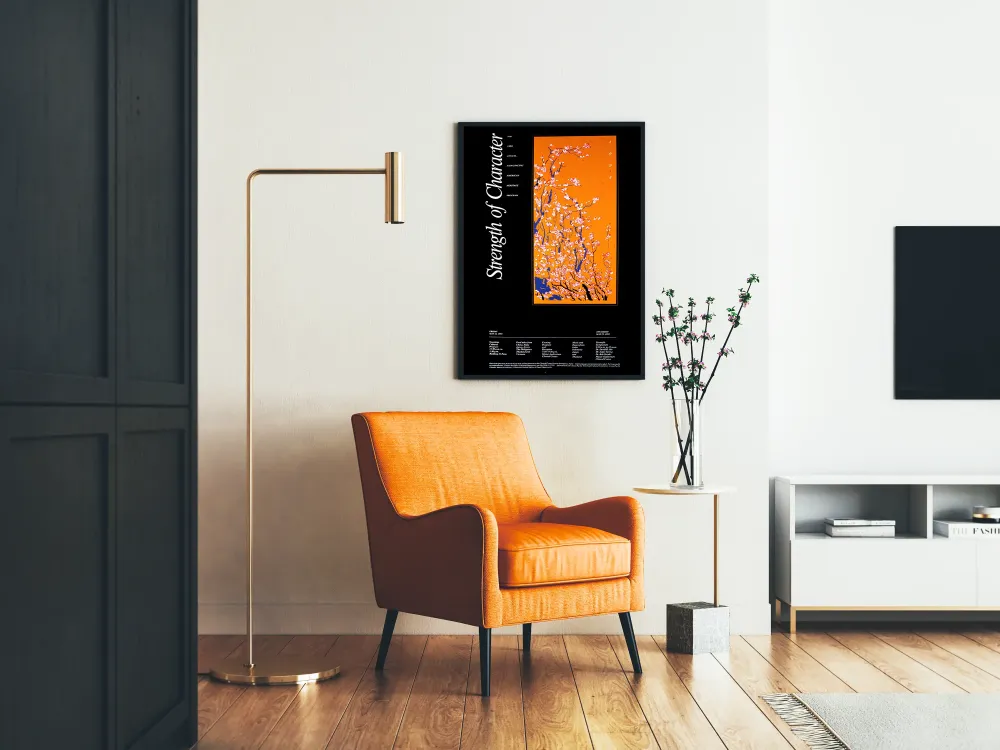 Juliste Vahvuuden luonne 1995 - Oranssi ja sininen kukkamaalaus seinäkoriste