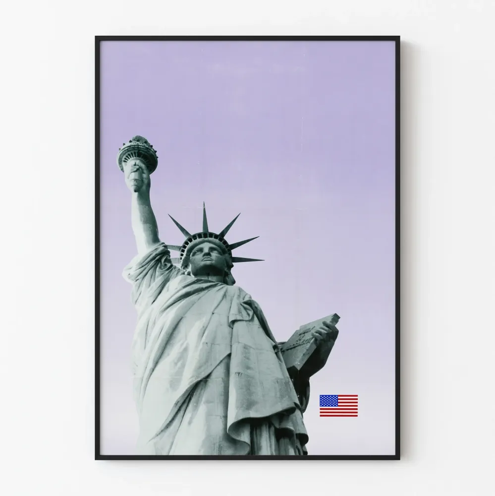 Juliste Vapaudenpatsas ja amerikkalainen lippu