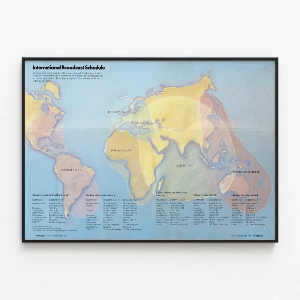 Julkaisuaikataulu Kansainvälinen satelliittijakelu Worldnet 1988 Poster