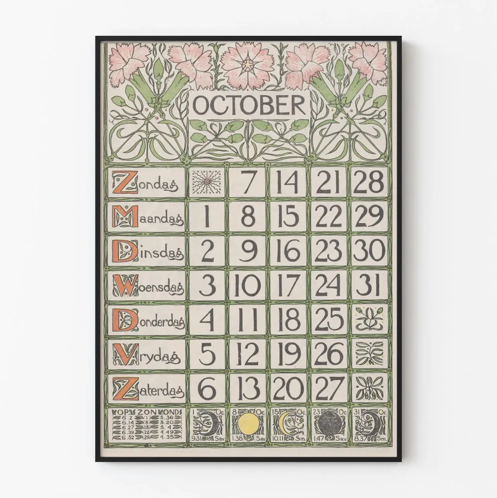 Koristeellinen juliste kalenterista lokakuussa 1900 art nouveau -tyylillä