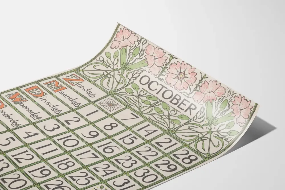 Koristeellinen juliste kalenterista lokakuussa 1900 art nouveau -tyylillä