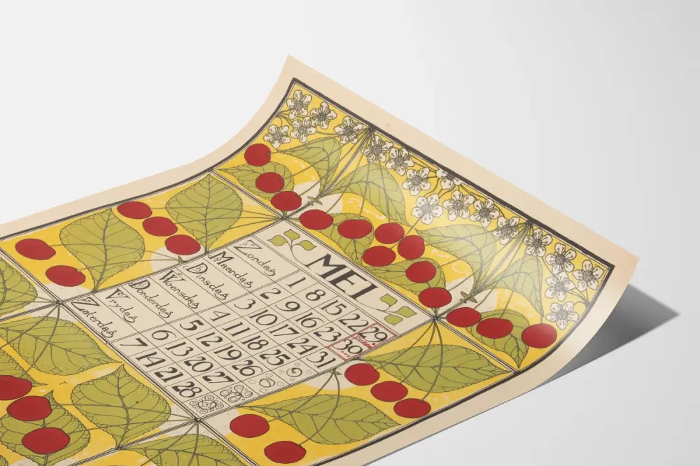 Koristeellinen kalenterijuliste toukokuu 1898 kirsikoilla ja lehdillä