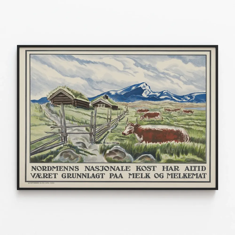 koristeellinen lehmän ja skandinaavisen maiseman juliste vintage