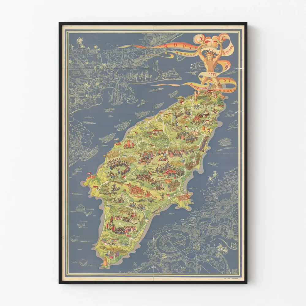 koristeellinen Rhodesin kartta-illustratiivinen juliste