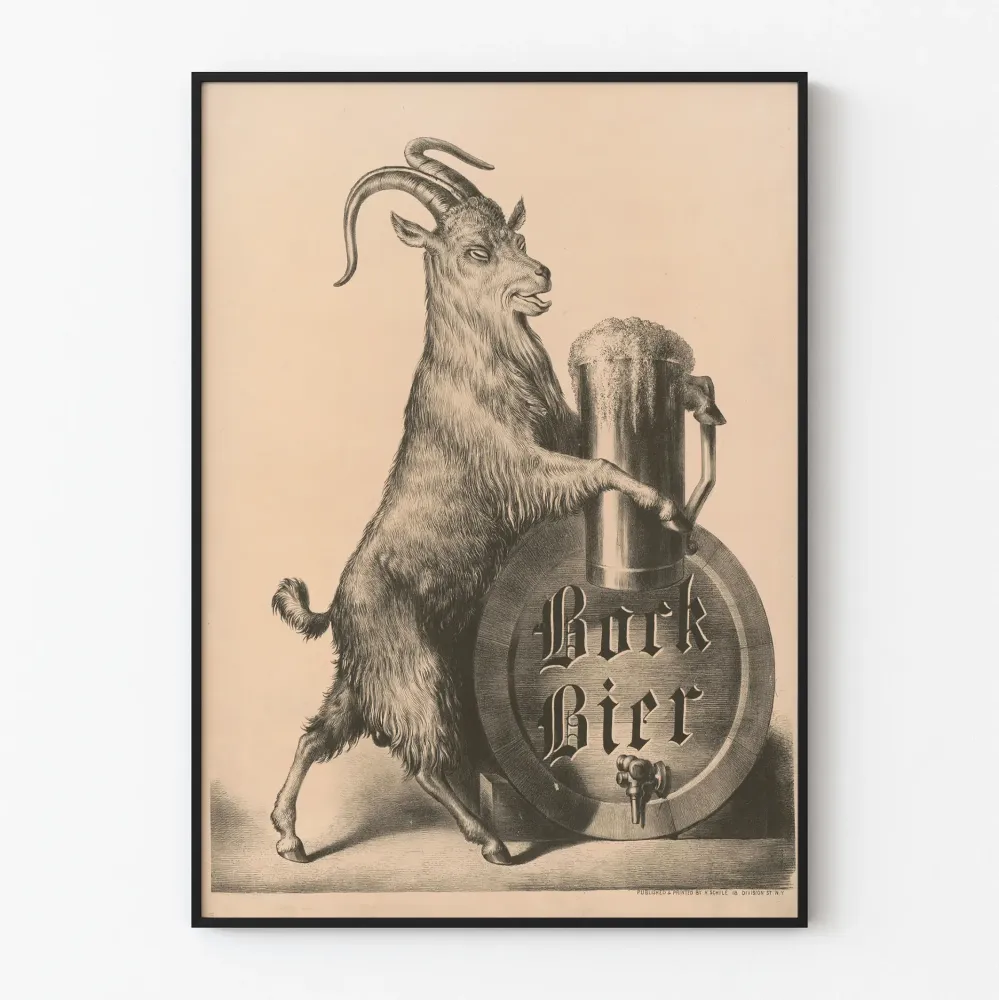 Koristeellinen vintage juliste Bock Bier -juomasta, vuohesta ja olutlasista