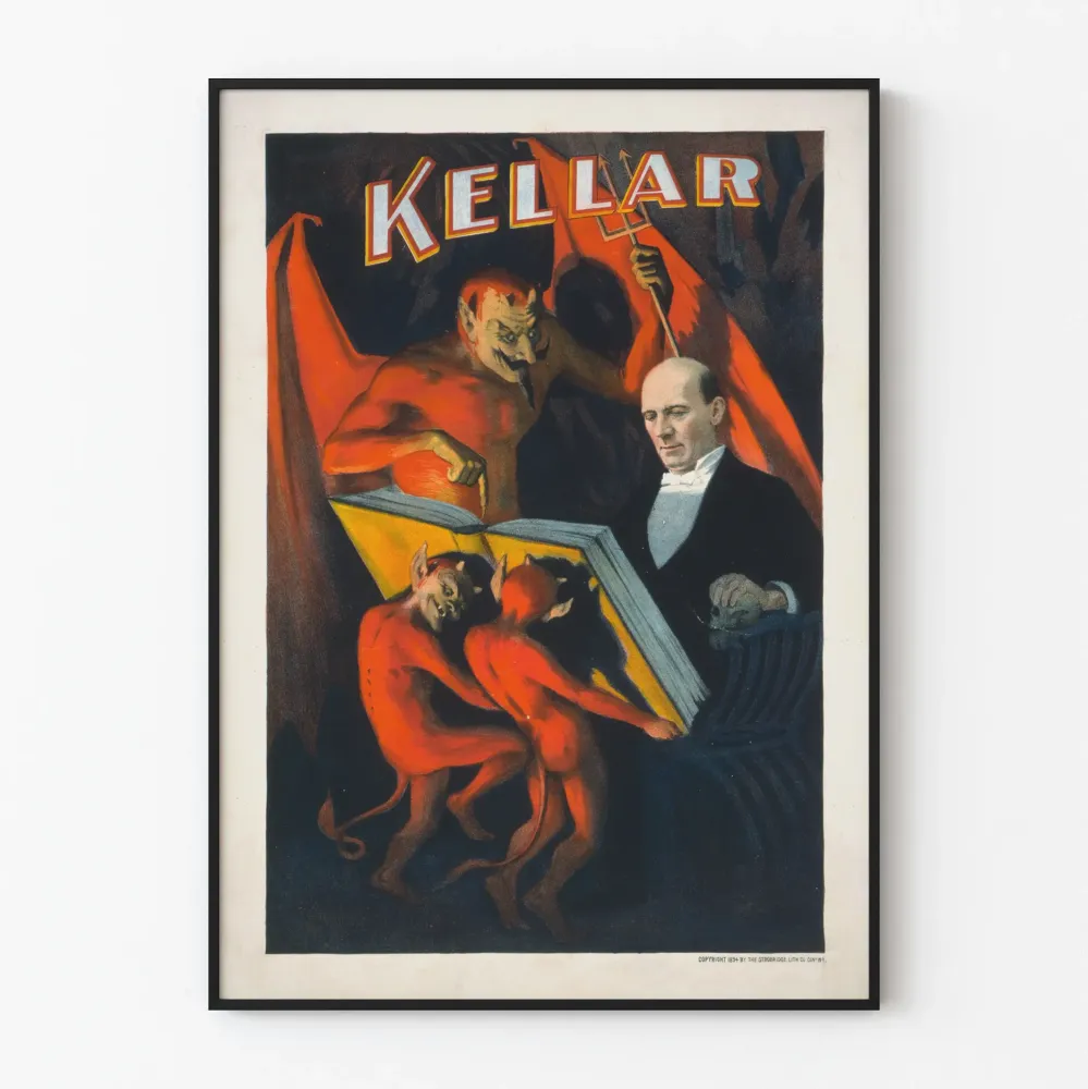 Koristeellinen vintage juliste kellari, jossa punaiset paholaiset ja velho