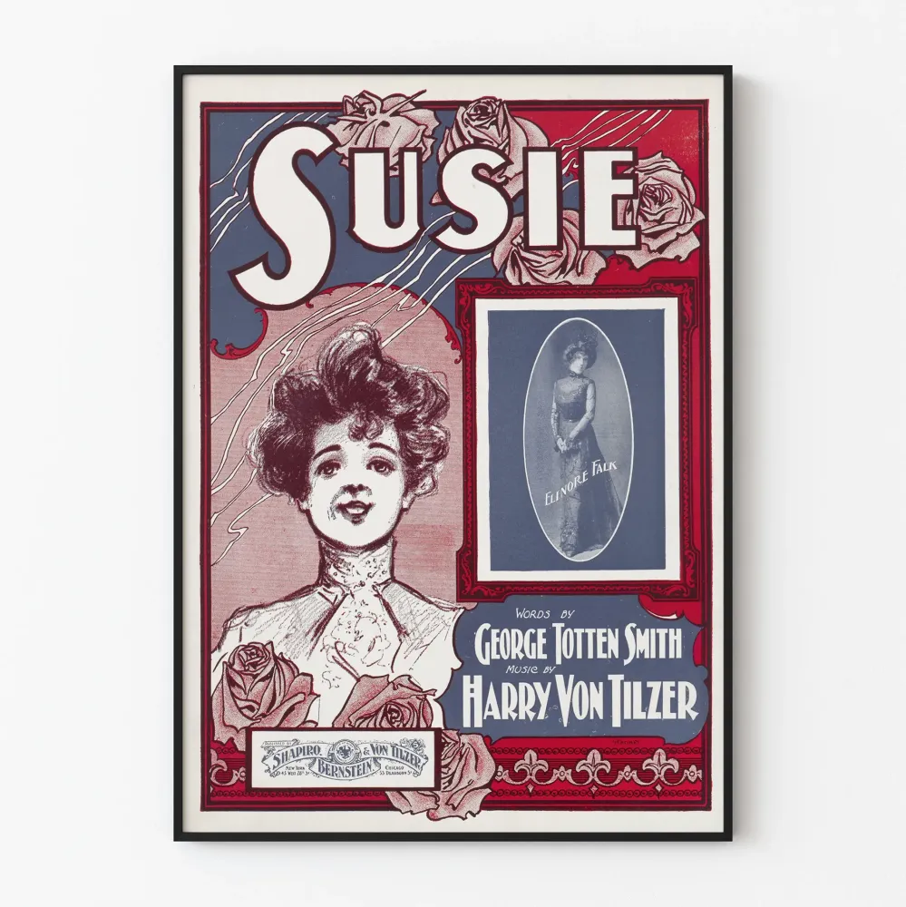 Koristeellinen vintage Susie -juliste, jossa muotokuva ja ruusuja