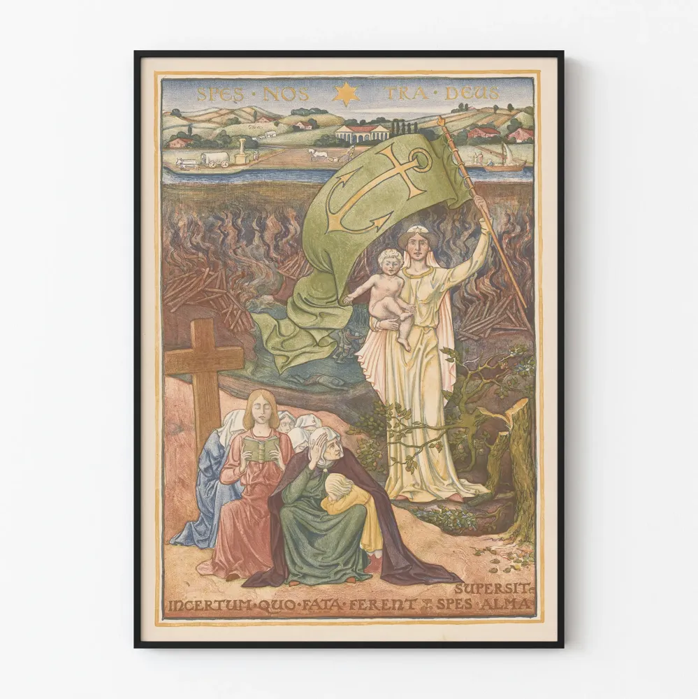 Koristeellinen vintagejuliste toivon ja uskon allegoriasta