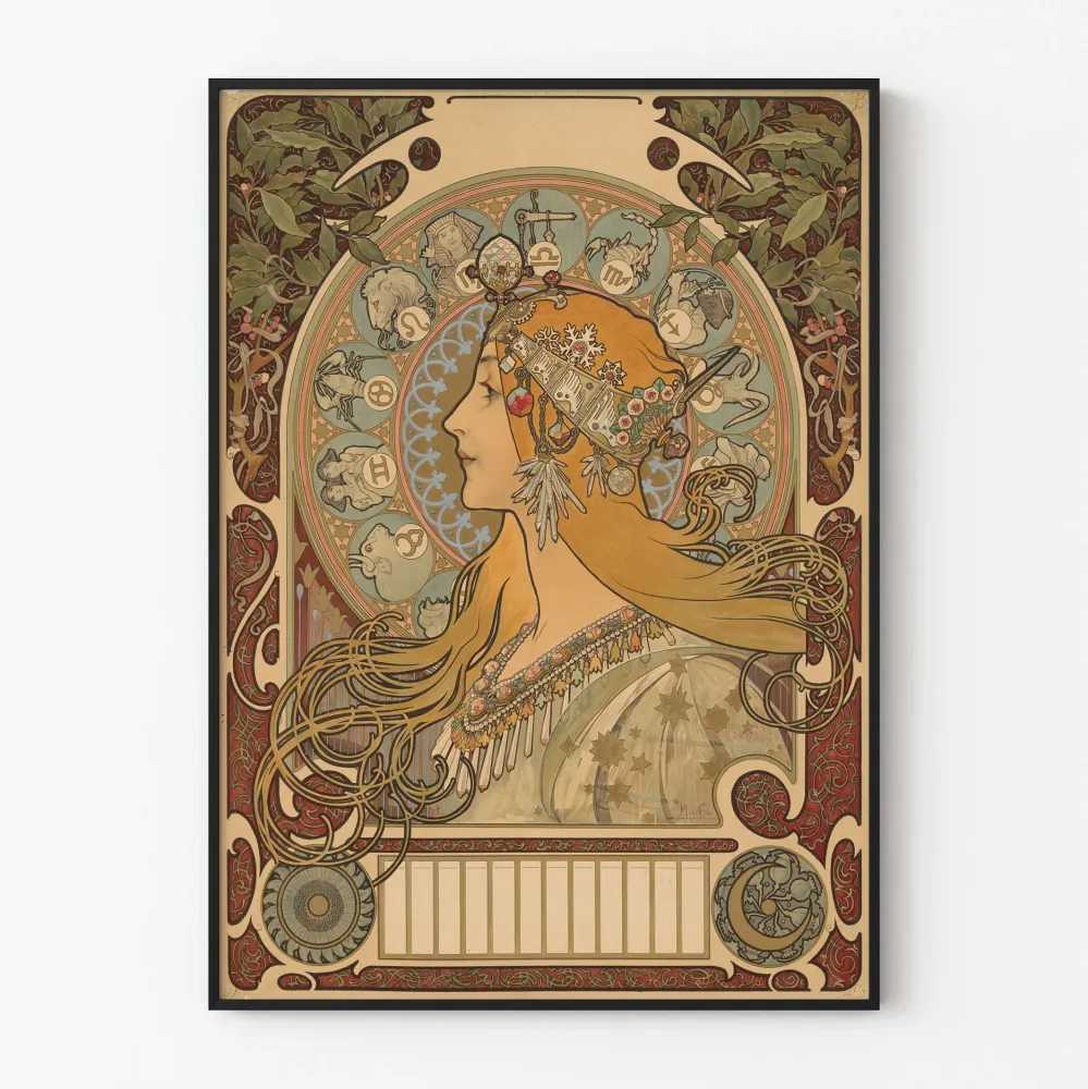 Koristejuliste Art Nouveau nainen ja astrologiset merkit