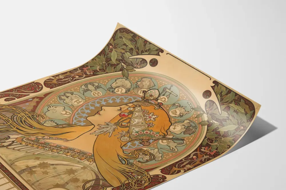 Koristejuliste Art Nouveau nainen ja astrologiset merkit