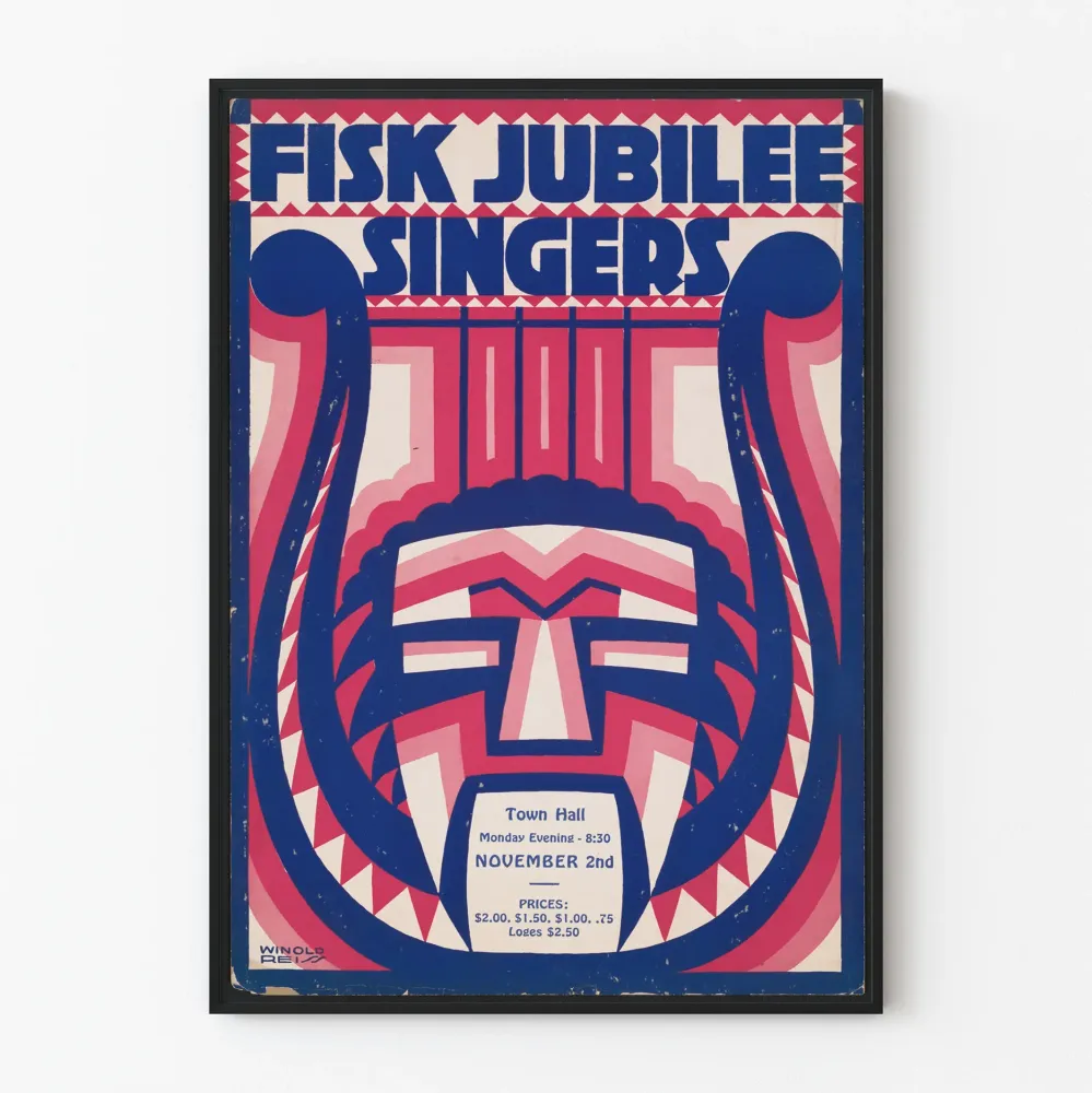 Koristejuliste Fisk Jubilee Singers -kuviolla, jossa harppu ja maski
