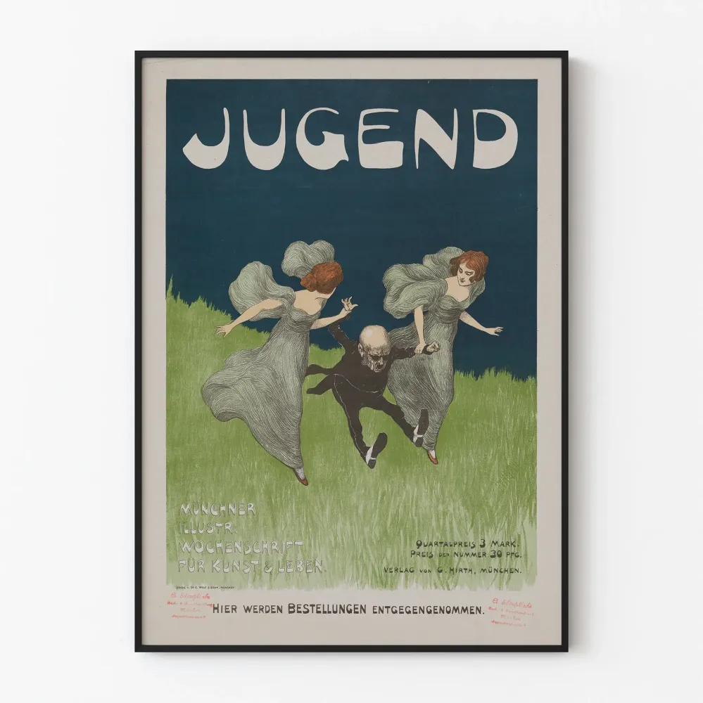 Koristejuliste Jugend-tyyliin tanssivilla hahmoilla luonnollisella taustalla