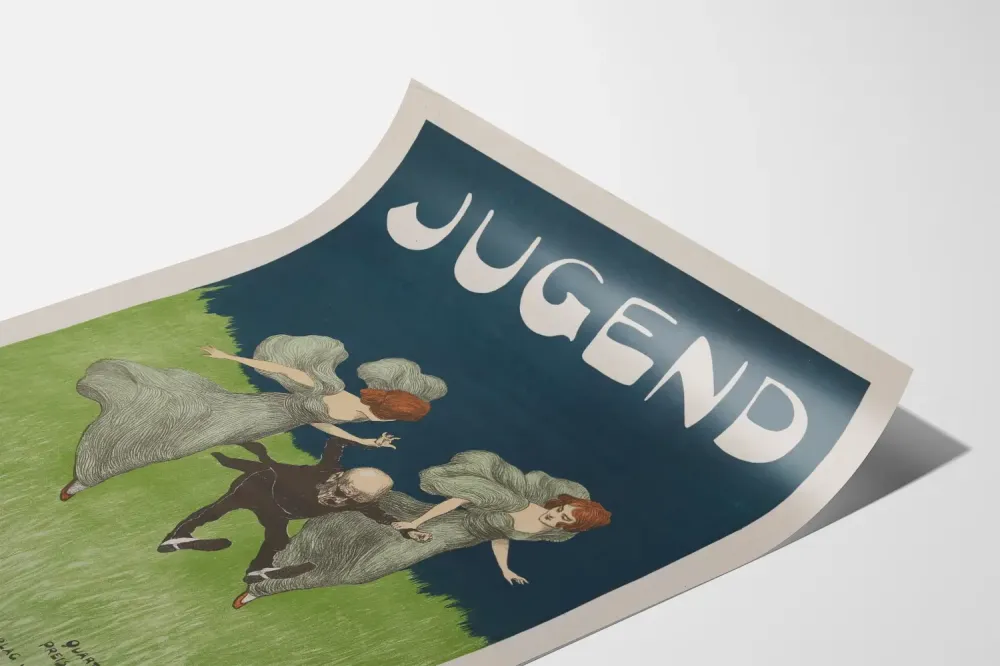 Koristejuliste Jugend-tyyliin tanssivilla hahmoilla luonnollisella taustalla