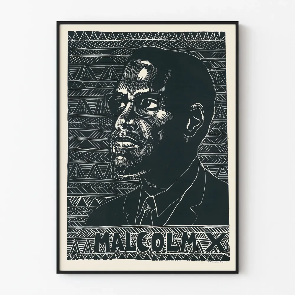 Koristejuliste Malcolm X -tyylinen linoleikkokuva