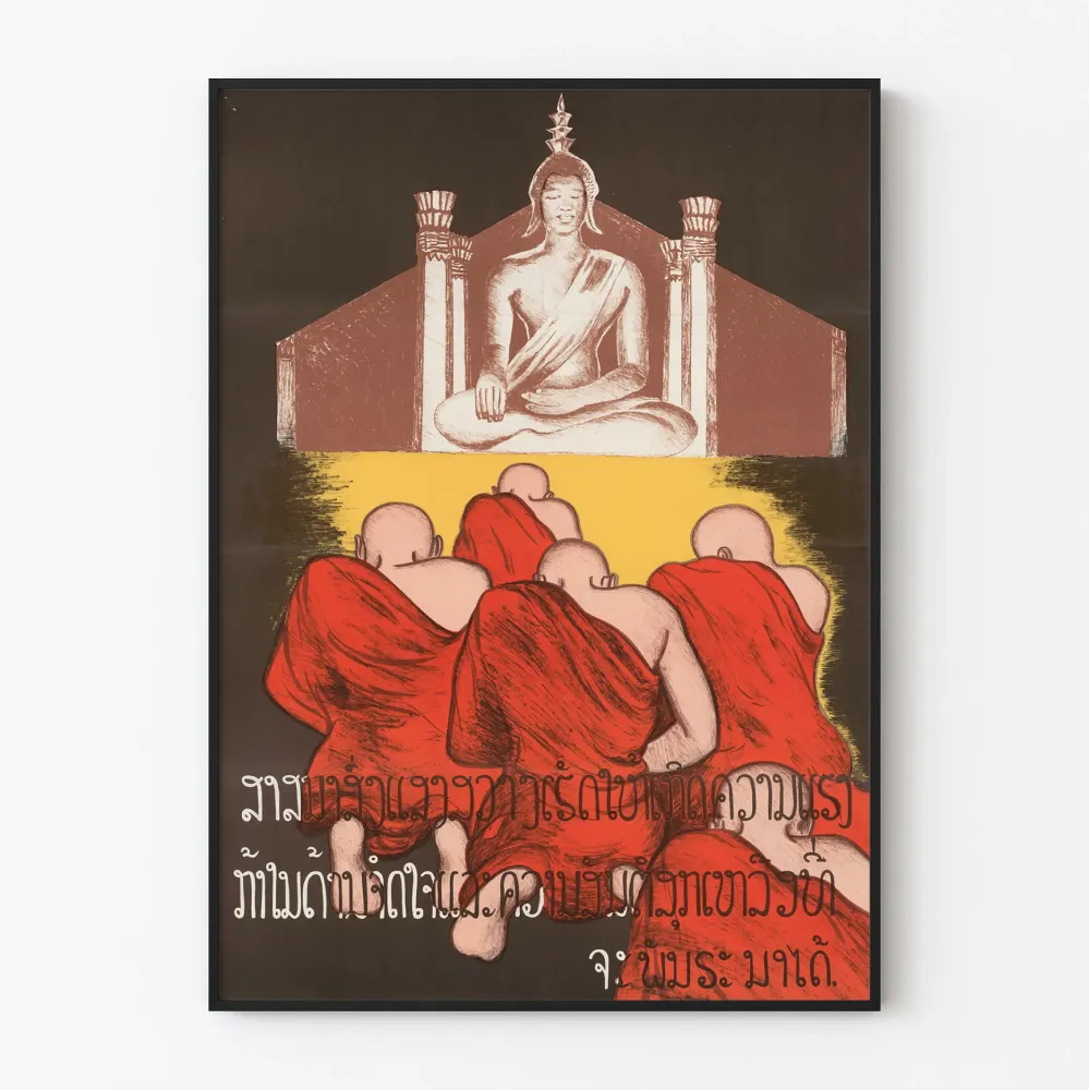 Koristejuliste munkkeja rukoilemassa ja Buddha-patsas