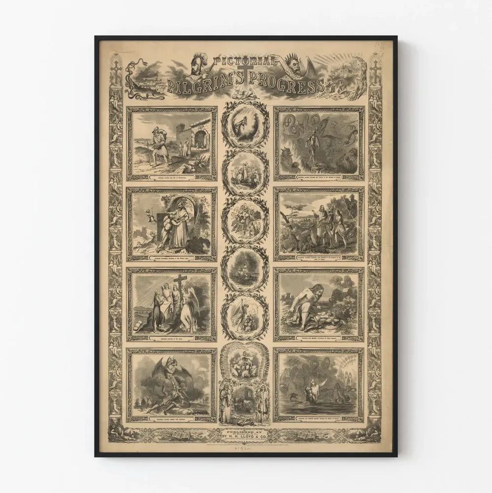 Koristejuliste Pictorial Pilgrim's Progress - Klassiset mustavalkoiset kuvitukset