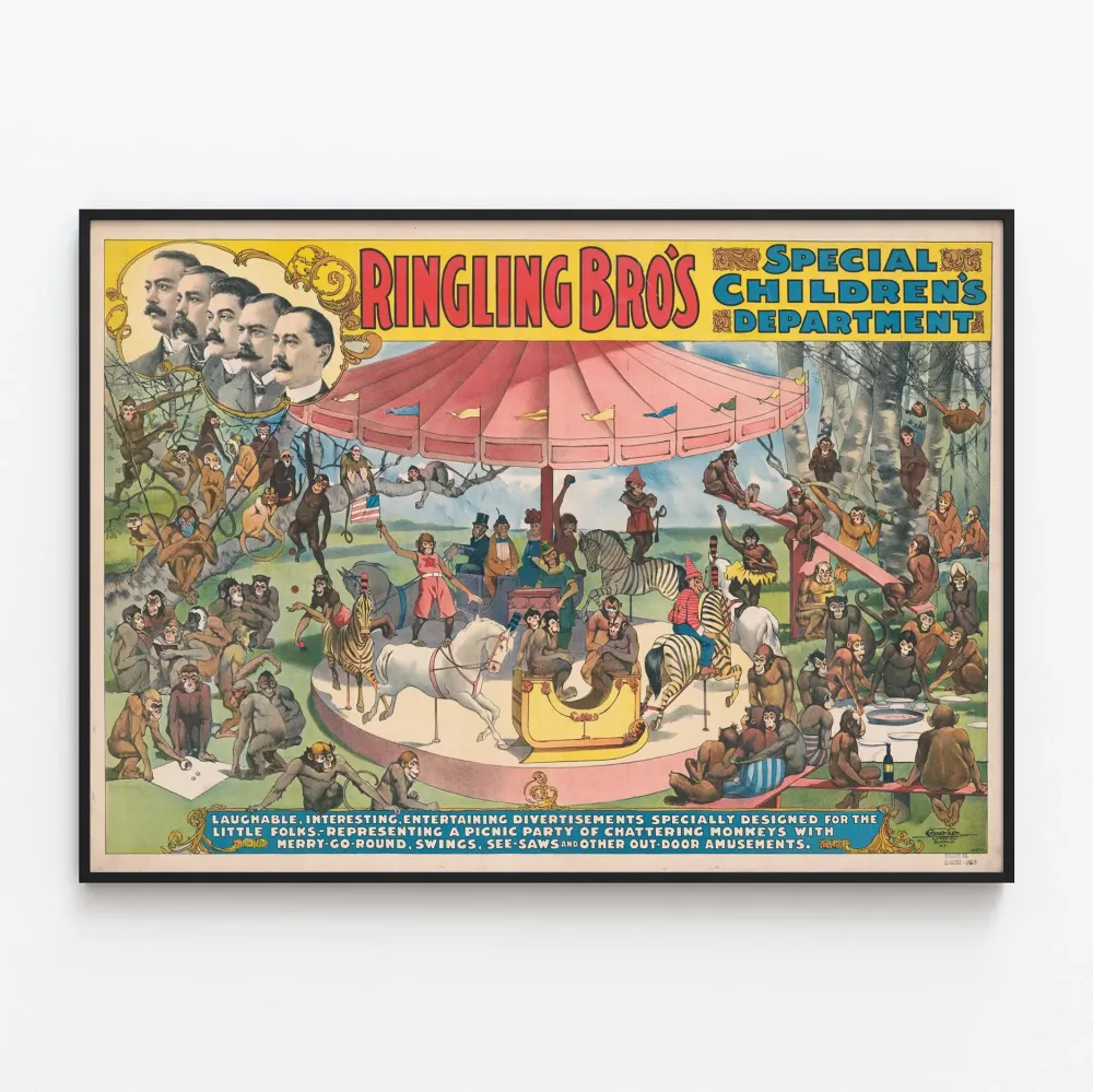 koristejuliste Ringling Bros Erityinen Lasten - Apinat ja karuselli vintage