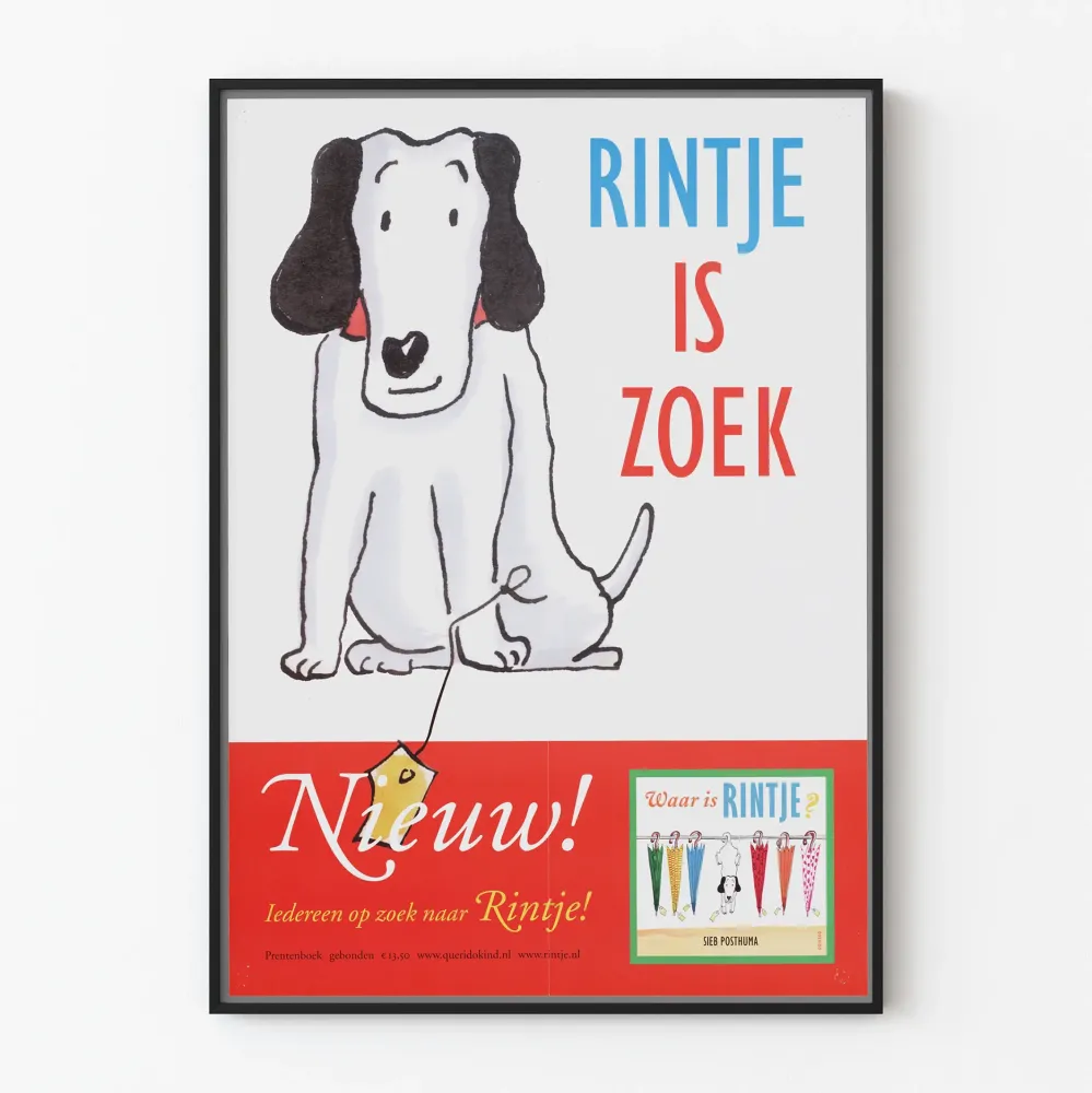 Koristejuliste Rintje is Zoek - lasten juliste sarjakuvatyylinen piirros
