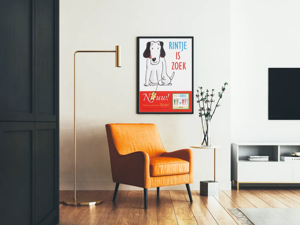 Koristejuliste Rintje is Zoek - lasten juliste sarjakuvatyylinen piirros