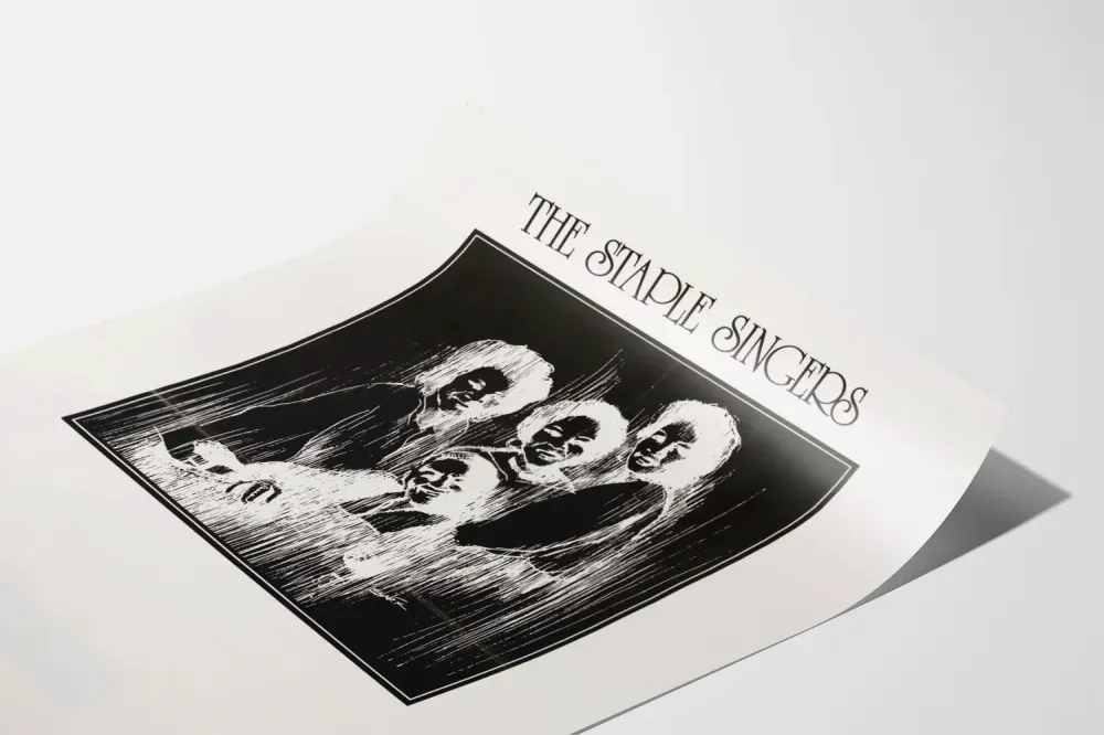 Koristejuliste Staple Singers -tyylinen linogravööni