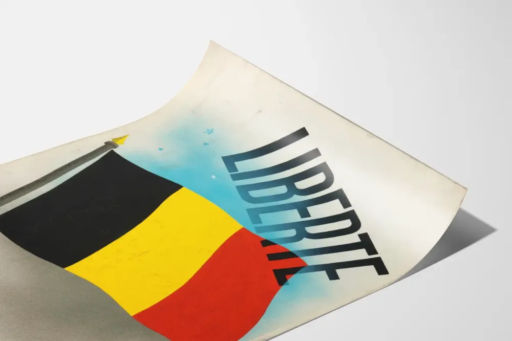Koristejuliste Vapaus, jossa Belgian lippu