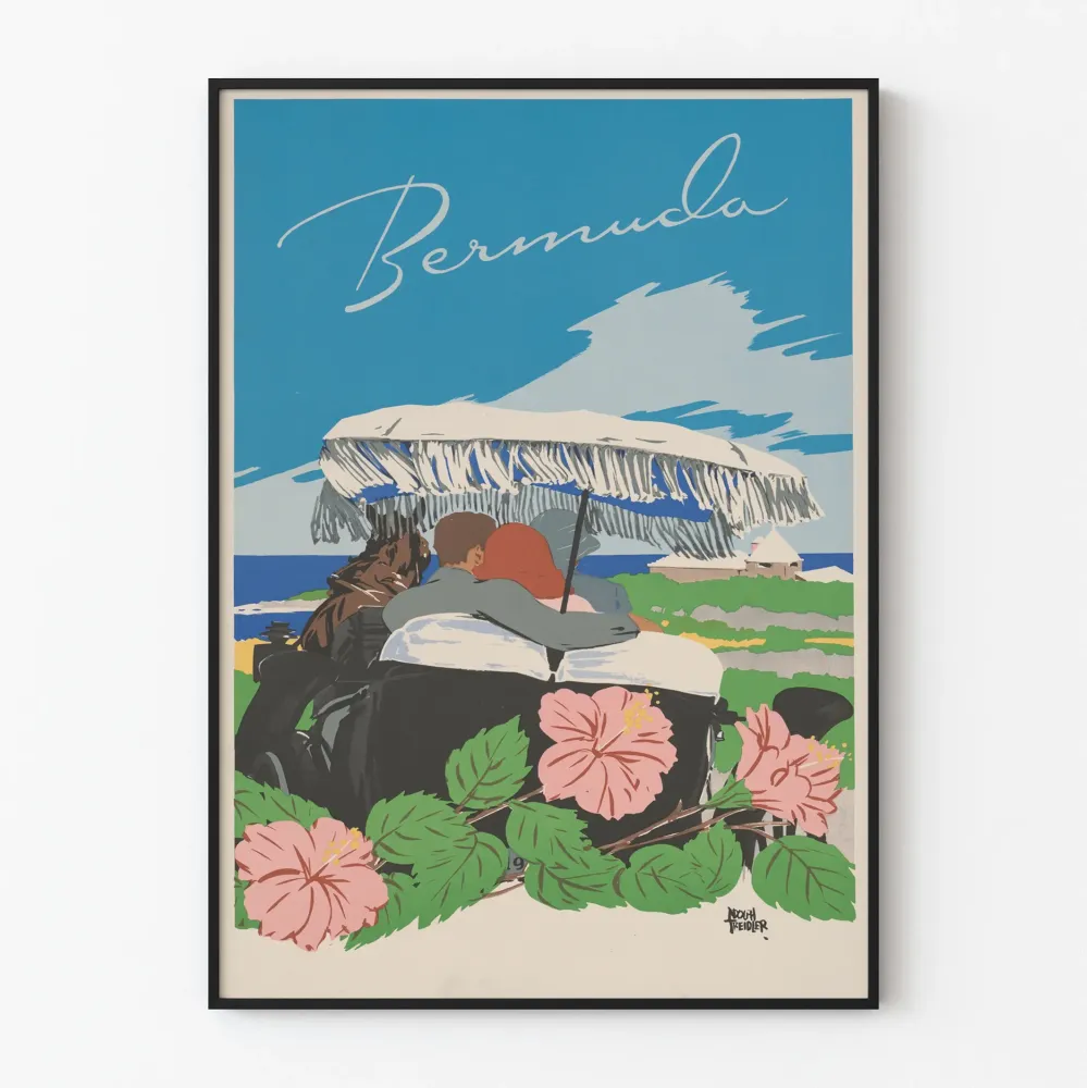 Koristejuliste Vintage Bermuda pariskunnasta autossa ja kukista