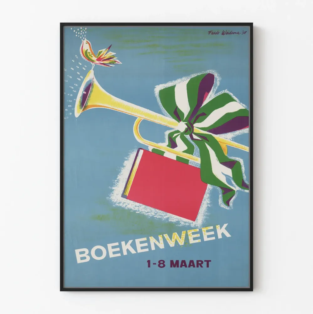 Koristejuliste vintage Boekenweek, jossa trumpetti ja punainen kirja
