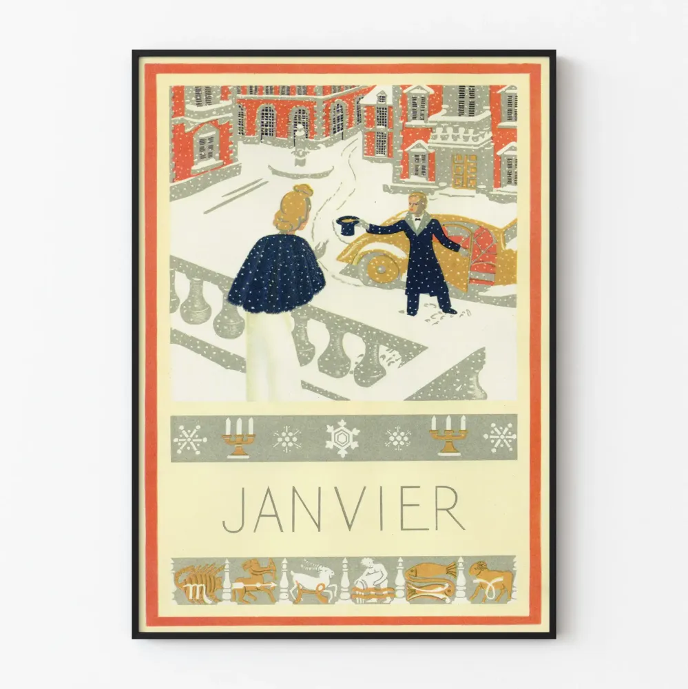 Koristejuliste vintage Janvier talvimaisemalla ja astrologisilla elementeillä