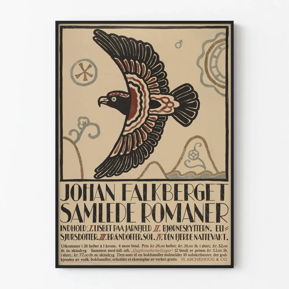 Koristejuliste vintage « Johan Falkberget Samlede Romaner » stilisoidulla kotkalla