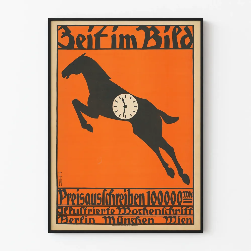 Koristejuliste vintage Pferd mit Uhr oranssitaustalla